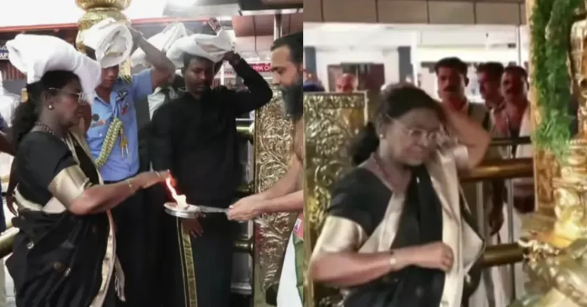 ഇരുമുടിക്കെട്ടുമായി സന്നിധാനത്തെത്തി അയ്യനെ കണ്ട് വണങ്ങി ദ്രൗപദി മുര്‍മു